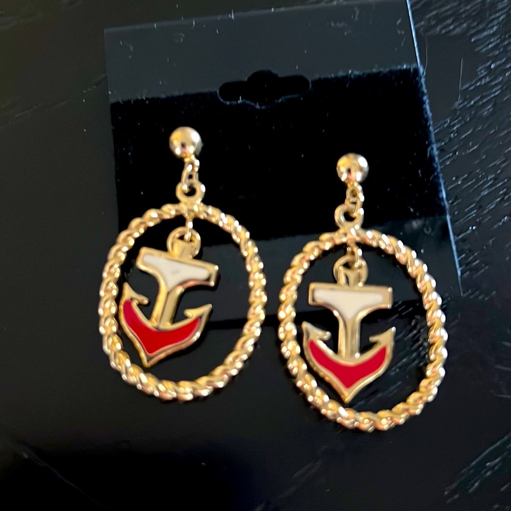 Vintage 90s Avon Drop Anchor Earrings Nautical Red White enamel